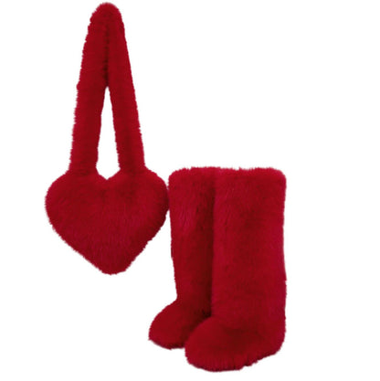 Women's 2Pcs Winter Set - Heart-Shaped Tote Bag with Over-the-Knee Faux Fur Snow Boots