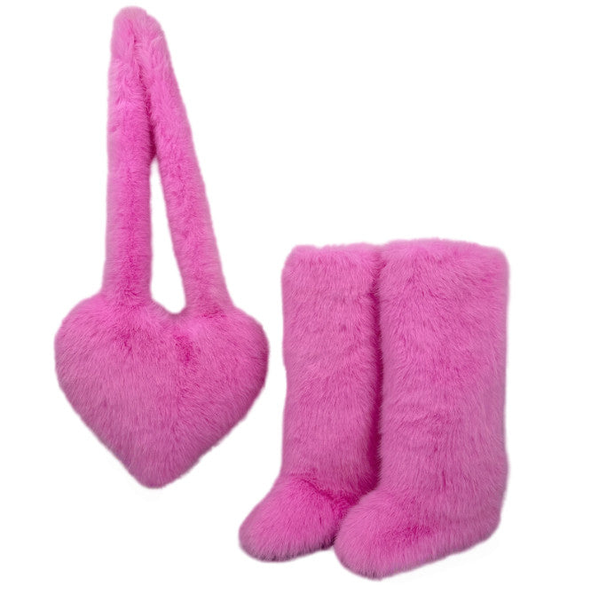Women's 2Pcs Winter Set - Heart-Shaped Tote Bag with Over-the-Knee Faux Fur Snow Boots