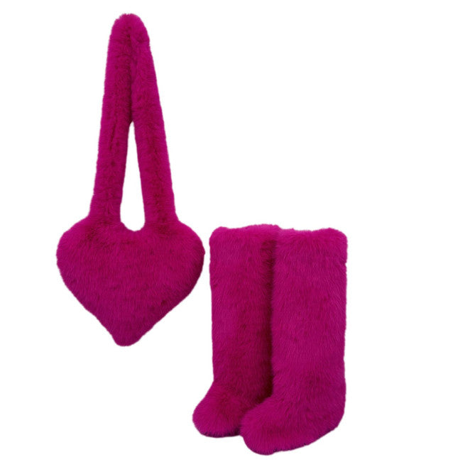 Women's 2Pcs Winter Set - Heart-Shaped Tote Bag with Over-the-Knee Faux Fur Snow Boots