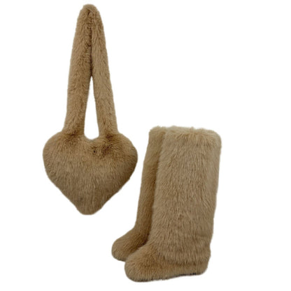 Women's 2Pcs Winter Set - Heart-Shaped Tote Bag with Over-the-Knee Faux Fur Snow Boots