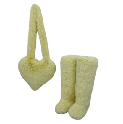 Women's 2Pcs Winter Set - Heart-Shaped Tote Bag with Over-the-Knee Faux Fur Snow Boots