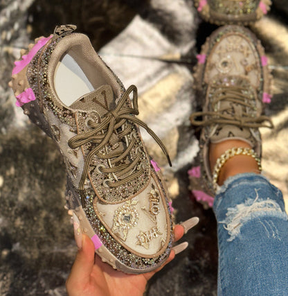 Luxury Women's Shoes for Women Spring Casual New Thick Soled Rhinestone Leather Sneakers for Women designer High quality outdoor Platform Sneaker