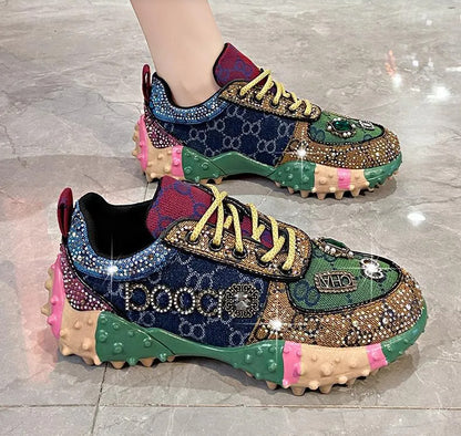 Women's Fashion Shoes Luxury Rhinestones Sneakers Diamonds Embellished Thick Bottom Non Slip Running Shoes Winter Warm Shoes Designer