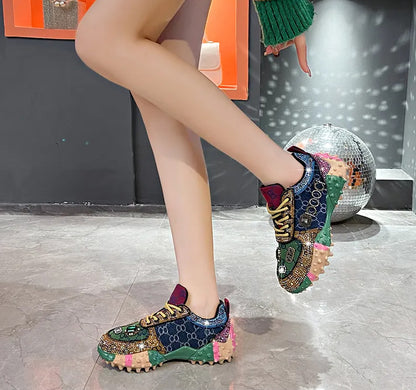 Women's Fashion Shoes Luxury Rhinestones Sneakers Diamonds Embellished Thick Bottom Non Slip Running Shoes Winter Warm Shoes Designer
