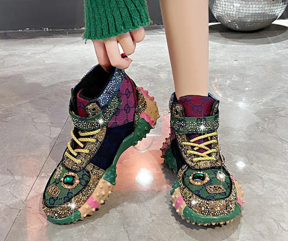 Women's Fashion Shoes Luxury Rhinestones Sneakers Diamonds Embellished Thick Bottom Non Slip Running Shoes Winter Warm Shoes Designer