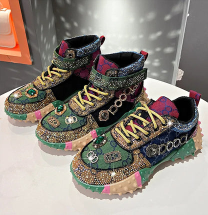 Women's Fashion Shoes Luxury Rhinestones Sneakers Diamonds Embellished Thick Bottom Non Slip Running Shoes Winter Warm Shoes Designer