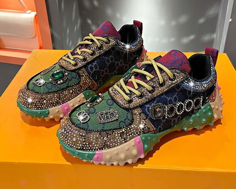 Women's Fashion Shoes Luxury Rhinestones Sneakers Diamonds Embellished Thick Bottom Non Slip Running Shoes Winter Warm Shoes Designer