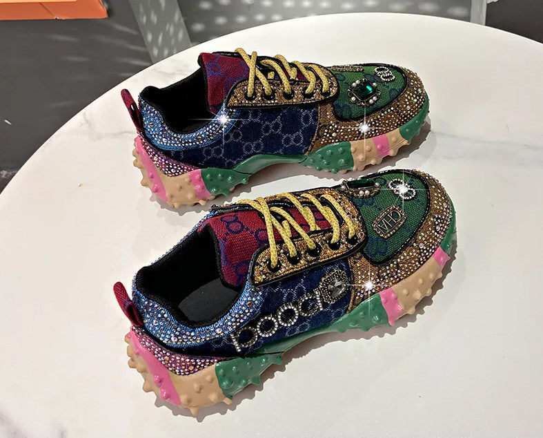 Women's Fashion Shoes Luxury Rhinestones Sneakers Diamonds Embellished Thick Bottom Non Slip Running Shoes Winter Warm Shoes Designer