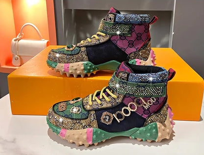 Women's Fashion Shoes Luxury Rhinestones Sneakers Diamonds Embellished Thick Bottom Non Slip Running Shoes Winter Warm Shoes Designer