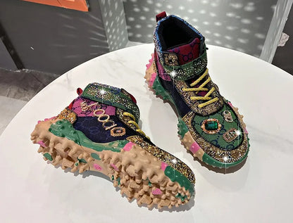 Women's Fashion Shoes Luxury Rhinestones Sneakers Diamonds Embellished Thick Bottom Non Slip Running Shoes Winter Warm Shoes Designer