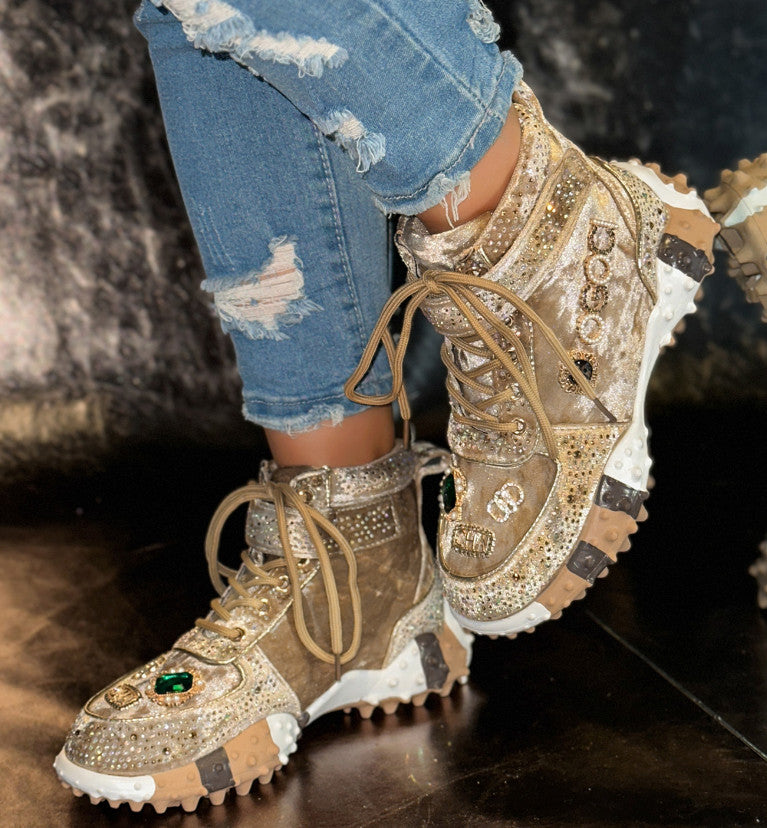 Women's Fashion Shoes Luxury Rhinestones Sneakers Diamonds Embellished Thick Bottom Non Slip Running Shoes Winter Warm Shoes Designer Casual