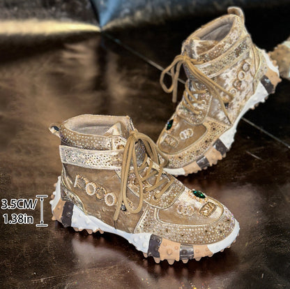 Women's Fashion Shoes Luxury Rhinestones Sneakers Diamonds Embellished Thick Bottom Non Slip Running Shoes Winter Warm Shoes Designer Casual