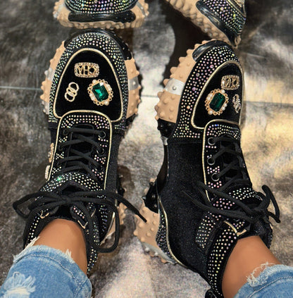 Women's Fashion Shoes Luxury Rhinestones Sneakers Diamonds Embellished Thick Bottom Non Slip Running Shoes Winter Warm Shoes Designer Casual