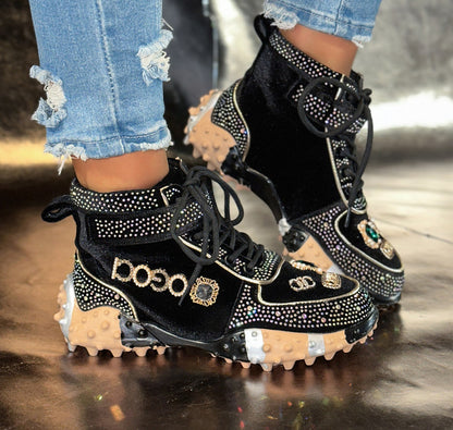 Women's Fashion Shoes Luxury Rhinestones Sneakers Diamonds Embellished Thick Bottom Non Slip Running Shoes Winter Warm Shoes Designer Casual