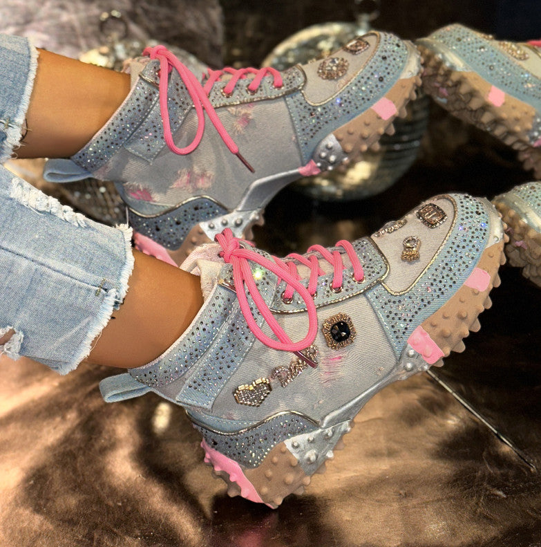 Designer Shiny Sequins Chunky Platform Sneakers Women Breathable Lace Up Height Increase Shoes Woman Fashion Cute Pink Sneakers Luxury