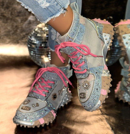 Designer Shiny Sequins Chunky Platform Sneakers Women Breathable Lace Up Height Increase Shoes Woman Fashion Cute Pink Sneakers Luxury