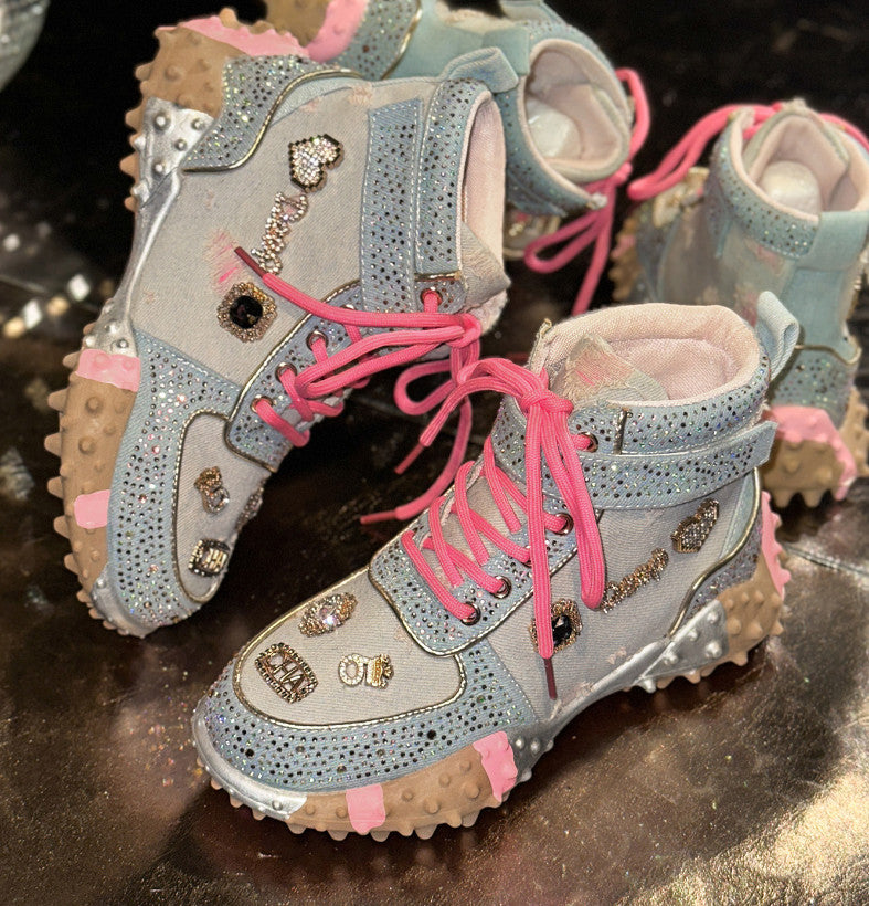 Designer Shiny Sequins Chunky Platform Sneakers Women Breathable Lace Up Height Increase Shoes Woman Fashion Cute Pink Sneakers Luxury