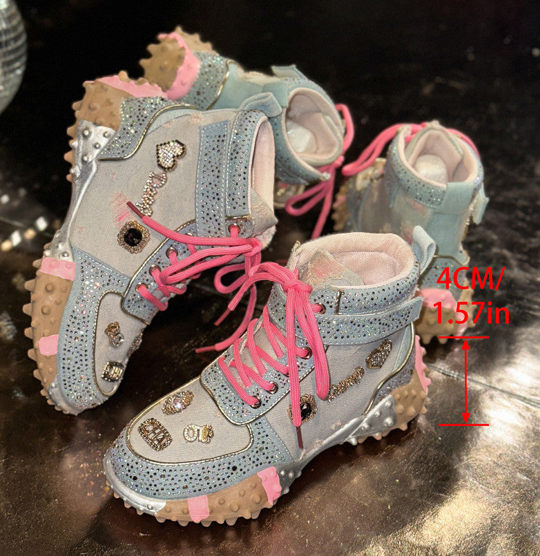 Designer Shiny Sequins Chunky Platform Sneakers Women Breathable Lace Up Height Increase Shoes Woman Fashion Cute Pink Sneakers Luxury