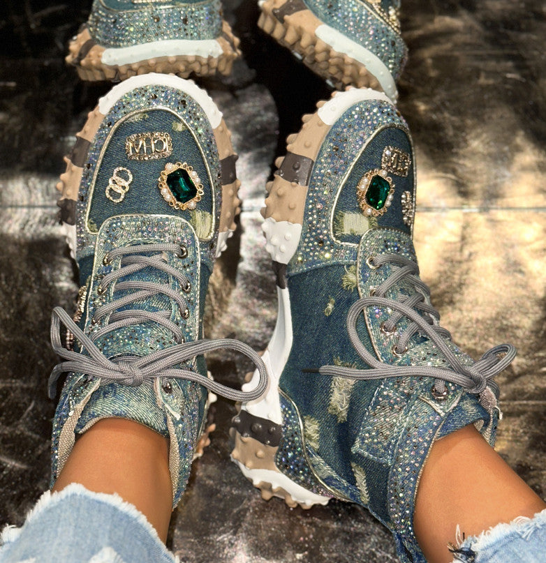 Designer Shiny Sequins Chunky Platform Sneakers Women Breathable Lace Up Height Increase Shoes Woman Fashion Cute Pink Sneakers Luxury