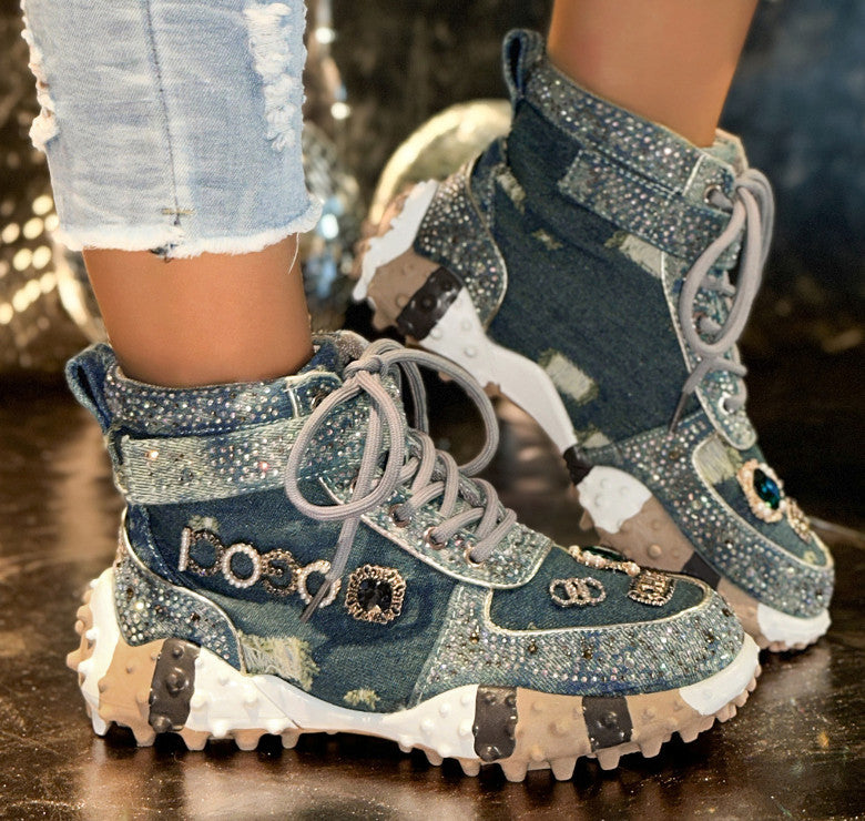 Designer Shiny Sequins Chunky Platform Sneakers Women Breathable Lace Up Height Increase Shoes Woman Fashion Cute Pink Sneakers Luxury