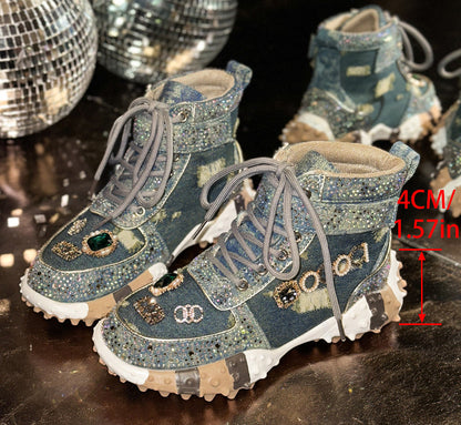 Designer Shiny Sequins Chunky Platform Sneakers Women Breathable Lace Up Height Increase Shoes Woman Fashion Cute Pink Sneakers Luxury