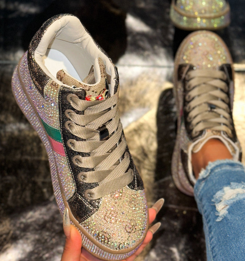 Designer Shiny Sequins Chunky Platform Sneakers Women Breathable Lace Up Height Increase Shoes Woman Fashion Cute Pink Sneakers Luxury high-quality