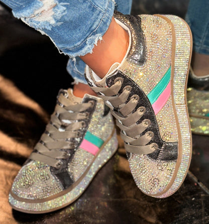 Designer Shiny Sequins Chunky Platform Sneakers Women Breathable Lace Up Height Increase Shoes Woman Fashion Cute Pink Sneakers Luxury high-quality