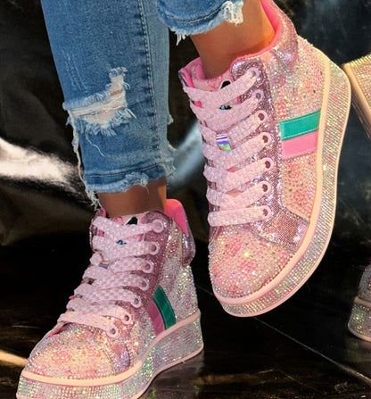 Designer Shiny Sequins Chunky Platform Sneakers Women Breathable Lace Up Height Increase Shoes Woman Fashion Cute Pink Sneakers Luxury high-quality