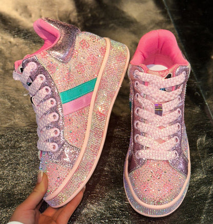 Designer Shiny Sequins Chunky Platform Sneakers Women Breathable Lace Up Height Increase Shoes Woman Fashion Cute Pink Sneakers Luxury high-quality