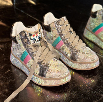 Designer Shiny Sequins Chunky Platform Sneakers Women Breathable Lace Up Height Increase Shoes Woman Fashion Cute Pink Sneakers Luxury high-quality