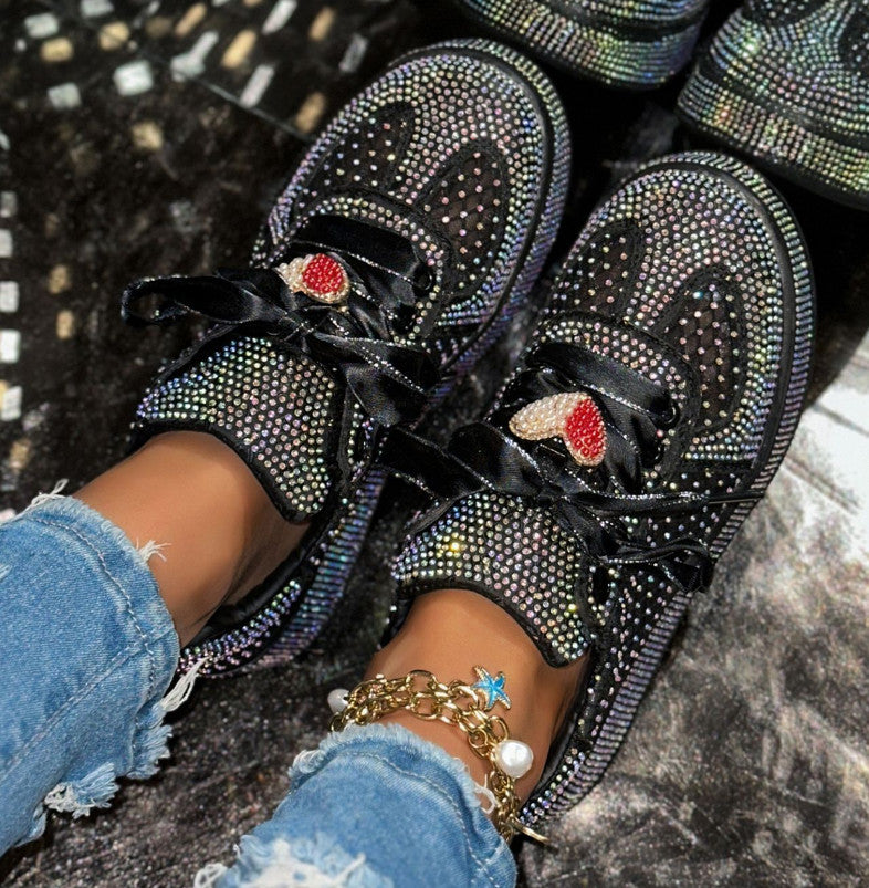 Women's Luxury Sports Shoes Crystal metal decoration Flat Shoes Lace up Water Diamond Fashion Designer Casual Shoes Zapatos Mujer Shiny outdoor