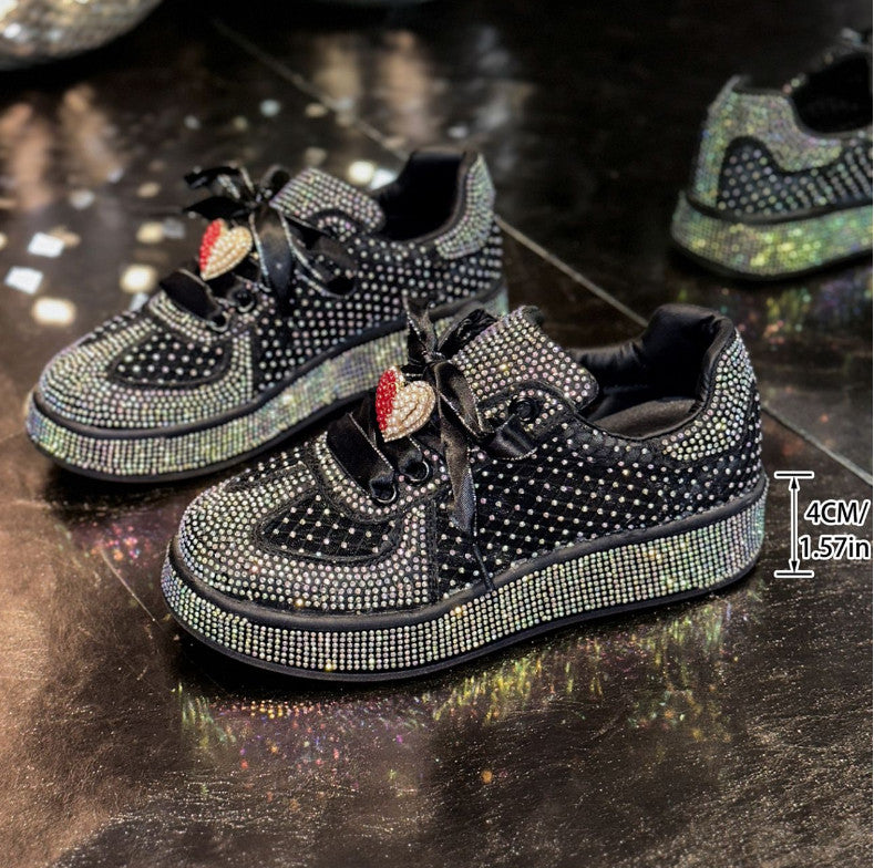 Women's Luxury Sports Shoes Crystal metal decoration Flat Shoes Lace up Water Diamond Fashion Designer Casual Shoes Zapatos Mujer Shiny outdoor