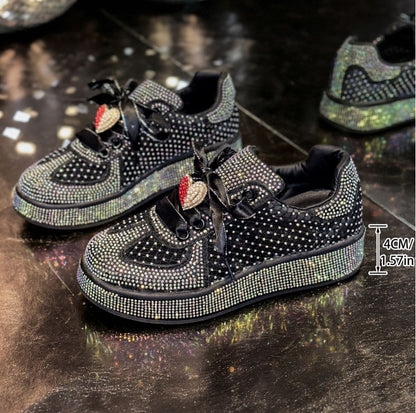 Women's Luxury Sports Shoes Crystal metal decoration Flat Shoes Lace up Water Diamond Fashion Designer Casual Shoes Zapatos Mujer Shiny outdoor