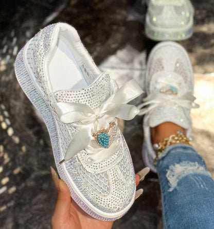 Women's Luxury Sports Shoes Crystal metal decoration Flat Shoes Lace up Water Diamond Fashion Designer Casual Shoes Zapatos Mujer Shiny outdoor