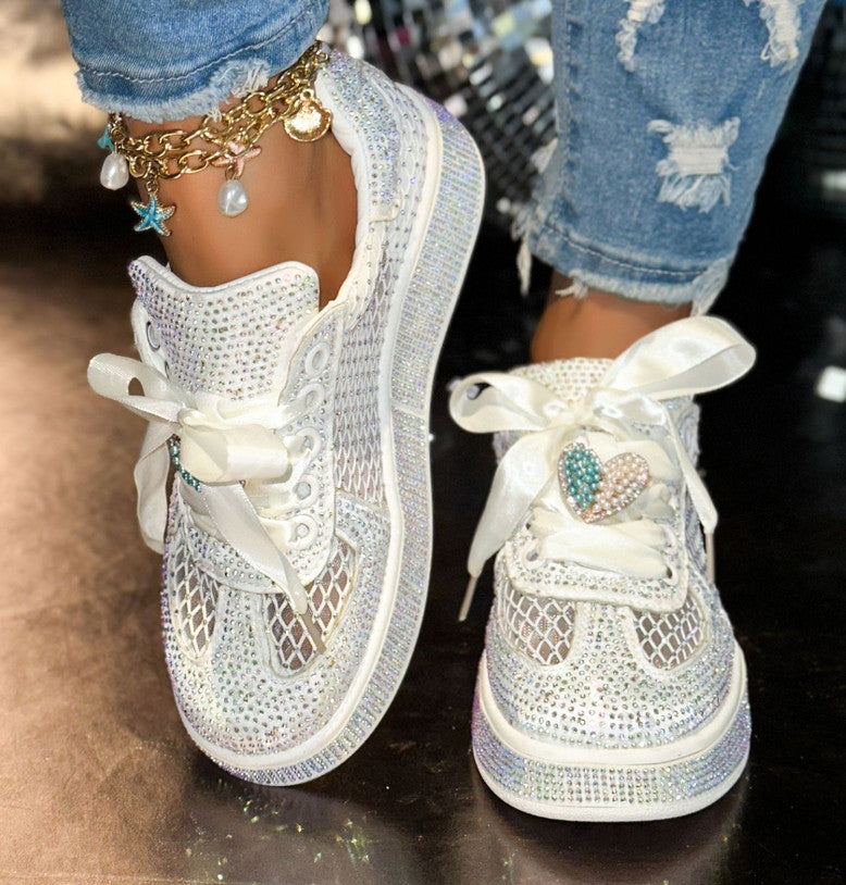 Women's Luxury Sports Shoes Crystal metal decoration Flat Shoes Lace up Water Diamond Fashion Designer Casual Shoes Zapatos Mujer Shiny outdoor