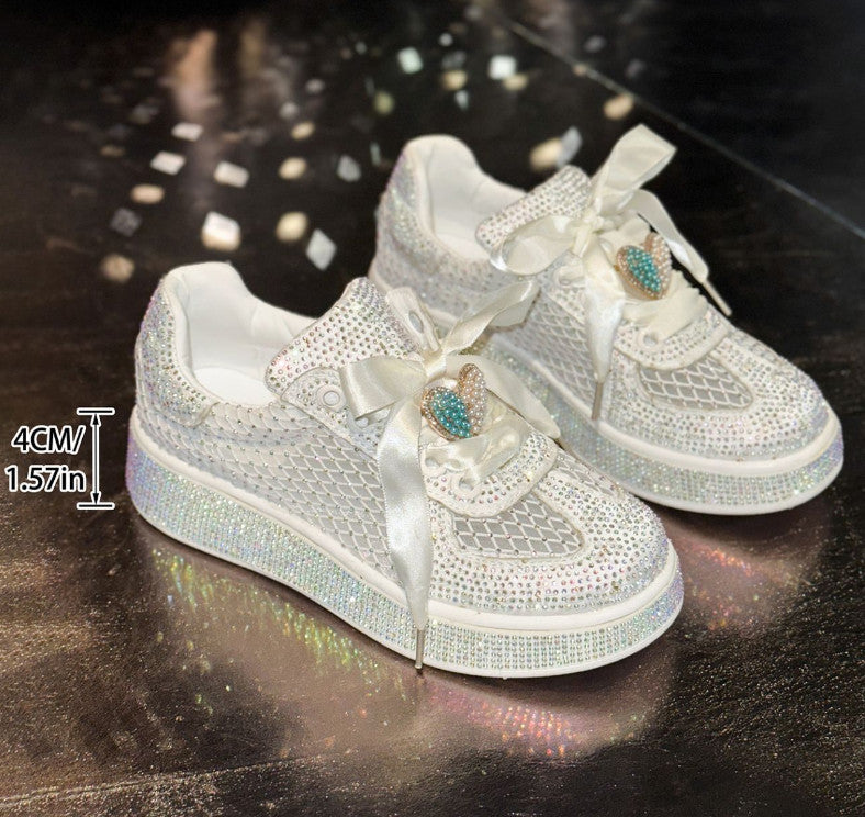 Women's Luxury Sports Shoes Crystal metal decoration Flat Shoes Lace up Water Diamond Fashion Designer Casual Shoes Zapatos Mujer Shiny outdoor