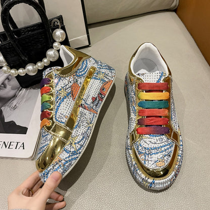 Fashion Sneakers Women Trend 2026 New Spring Autumn Platform Lace Up Rhinestone Women Casual Shoes Fashion Shiny Ladies Shoes High end luxury