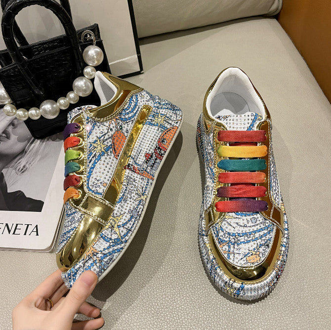 Fashion Sneakers Women Trend 2026 New Spring Autumn Platform Lace Up Rhinestone Women Casual Shoes Fashion Shiny Ladies Shoes High end luxury