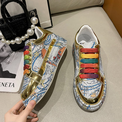 Fashion Sneakers Women Trend 2026 New Spring Autumn Platform Lace Up Rhinestone Women Casual Shoes Fashion Shiny Ladies Shoes High end luxury