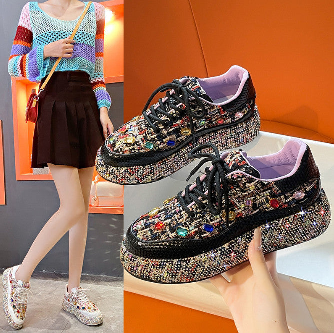 Women's Designer Luxury Water Diamond Thick Bottom Women's Sports Shoes Casual Vulcanized Shoes Luxury Flat Casual Shoes Metal Decorative