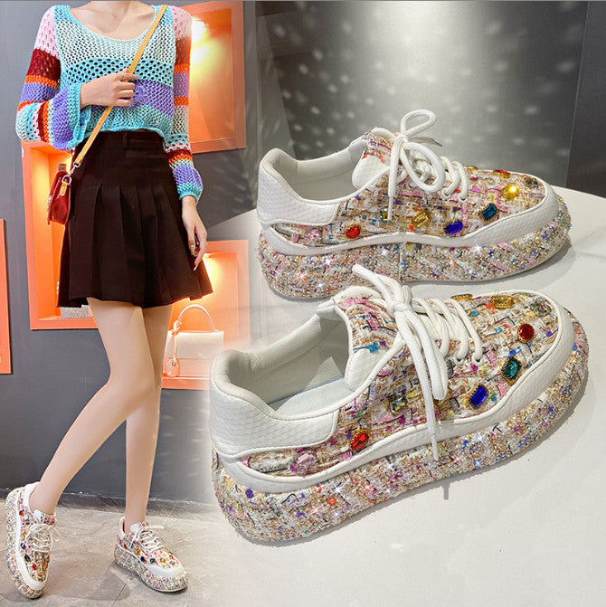 Women's Designer Luxury Water Diamond Thick Bottom Women's Sports Shoes Casual Vulcanized Shoes Luxury Flat Casual Shoes Metal Decorative