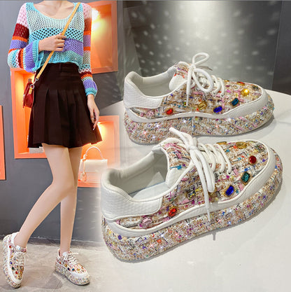 Women's Designer Luxury Water Diamond Thick Bottom Women's Sports Shoes Casual Vulcanized Shoes Luxury Flat Casual Shoes Metal Decorative