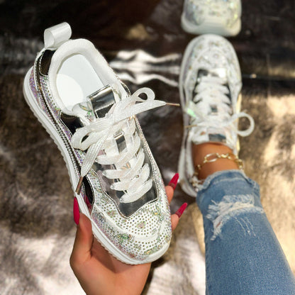 Full Diamond Thick Bottom Designer Casual Shoes sneakers with Lace up Women's Fashion Sports Shoes Pink Printed Women's Luxury Flat Shoes High Quality