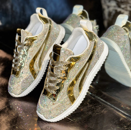 Full Diamond Thick Bottom Designer Casual Shoes sneakers with Lace up Women's Fashion Sports Shoes Pink Printed Women's Luxury Flat Shoes High Quality