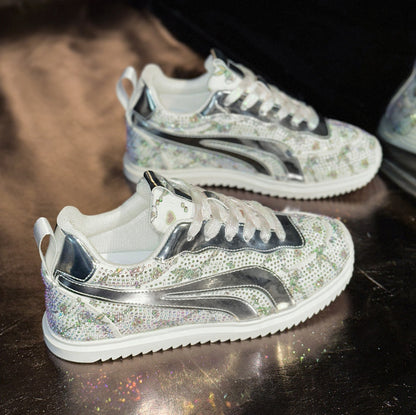 Full Diamond Thick Bottom Designer Casual Shoes sneakers with Lace up Women's Fashion Sports Shoes Pink Printed Women's Luxury Flat Shoes High Quality