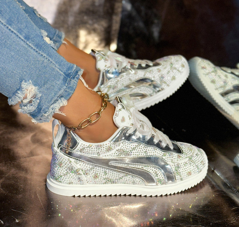 Full Diamond Thick Bottom Designer Casual Shoes sneakers with Lace up Women's Fashion Sports Shoes Pink Printed Women's Luxury Flat Shoes High Quality