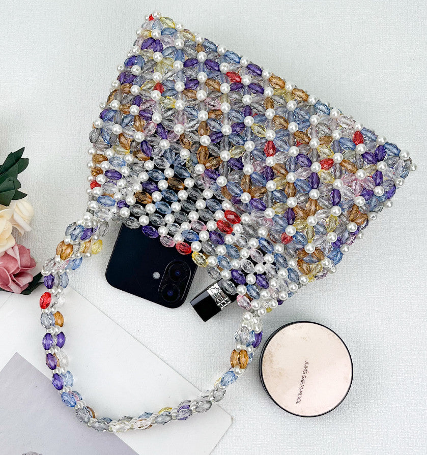 Handwoven Colorful Beaded Evening Bag for Women | Iridescent Bead Top-handle Clutch Handbag