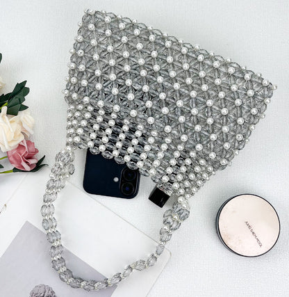 Handwoven Colorful Beaded Evening Bag for Women | Iridescent Bead Top-handle Clutch Handbag