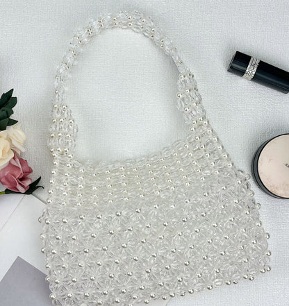 Handwoven Colorful Beaded Evening Bag for Women | Iridescent Bead Top-handle Clutch Handbag