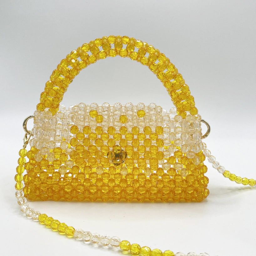 Designer Luxury Women's Evening Clutch, Handmade Gradient Yellow & Clear Beaded Bag, Crossbody Purse for Party Wedding